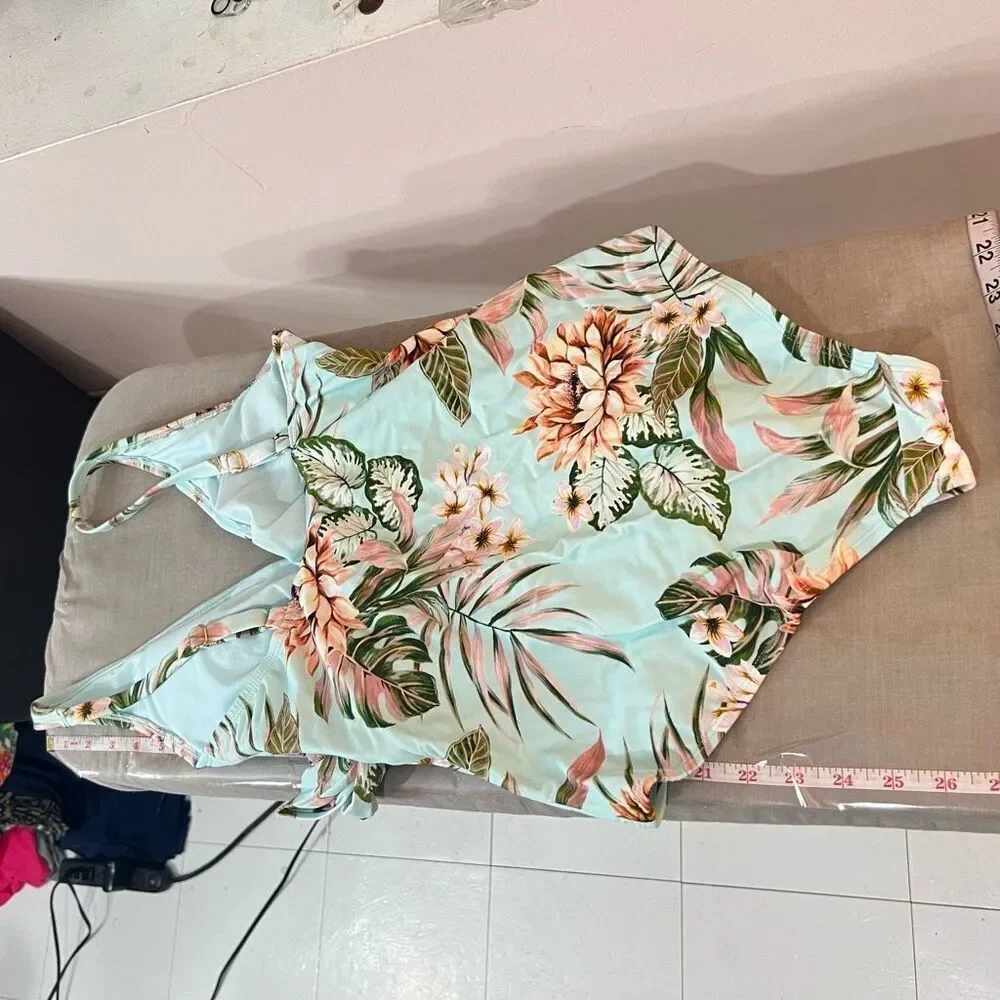 Kona Sol Blue Floral Stretch Wrap Tie Waist One Piece Swimsuit Size Medium